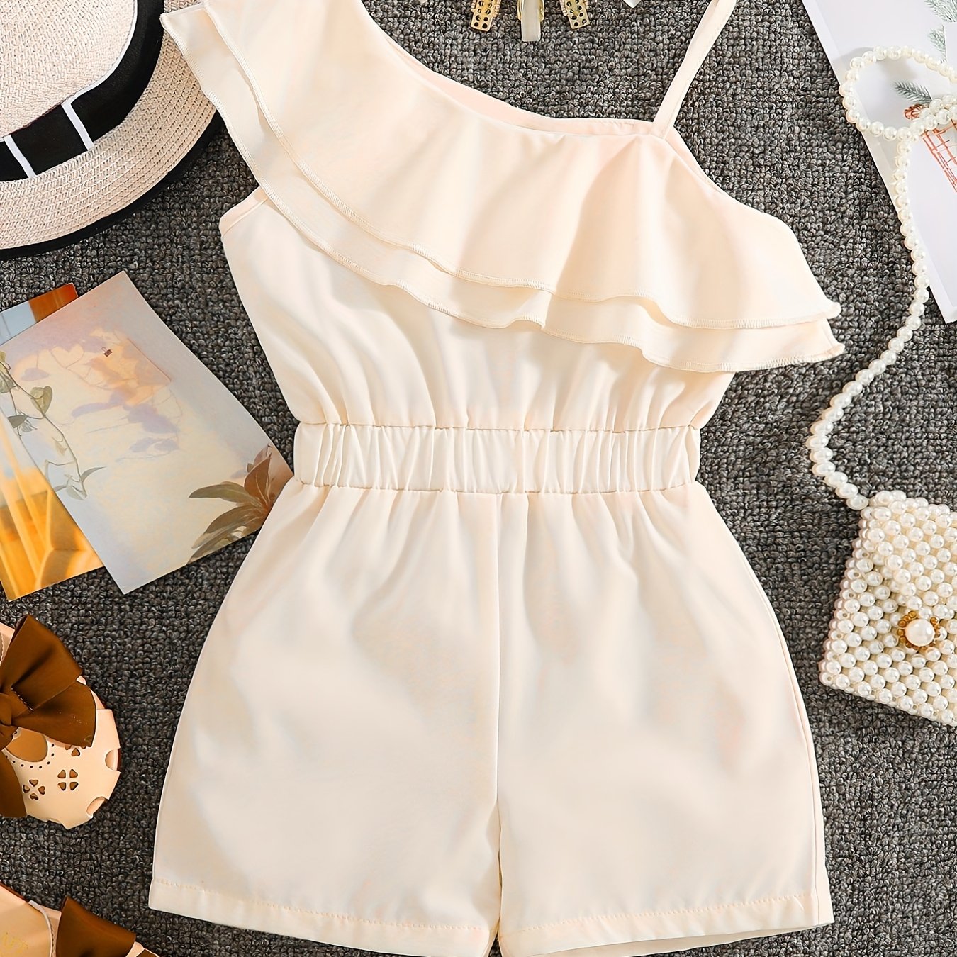 ' White Sleeveless A-Line Romper Jumpsuit - Summer Short Dress with Ruffle Trim &, Casual Playwear & Party Outfit, Easy-Care Hand Washable Short Sleeve Dress &, Perfect for Outdoor