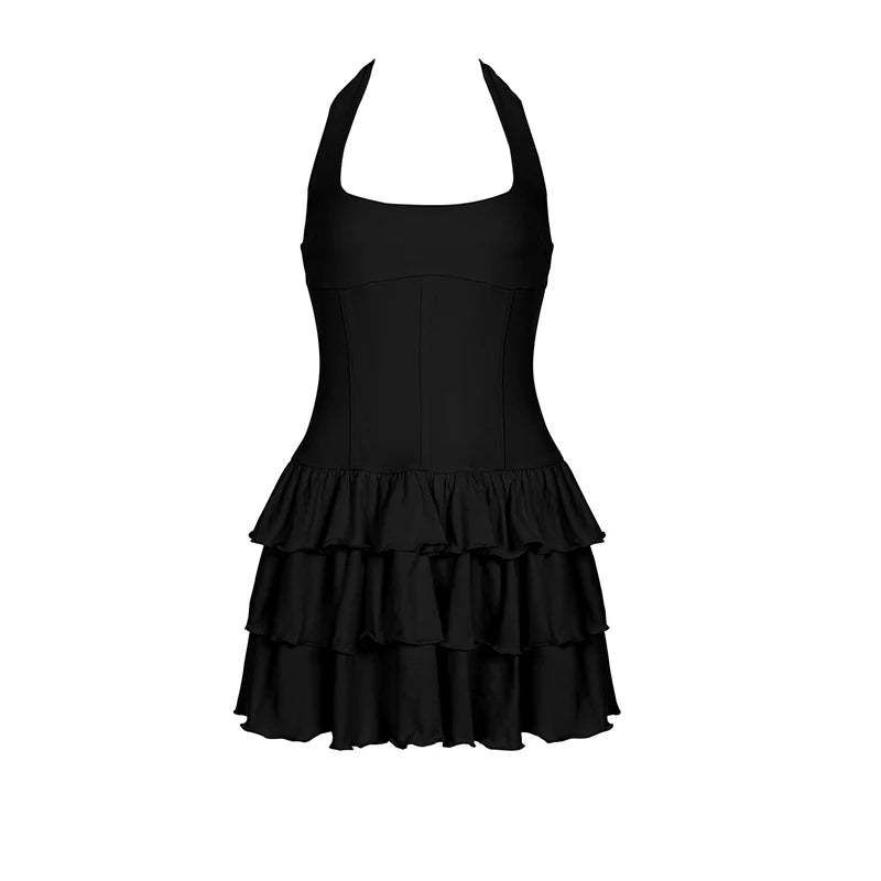 Tornova Vacation Halter Mini Dress For Women Solid High Waist Puffy Dress Ruffled Splice Fashion Sexy Slim Dress 2025 Summer New