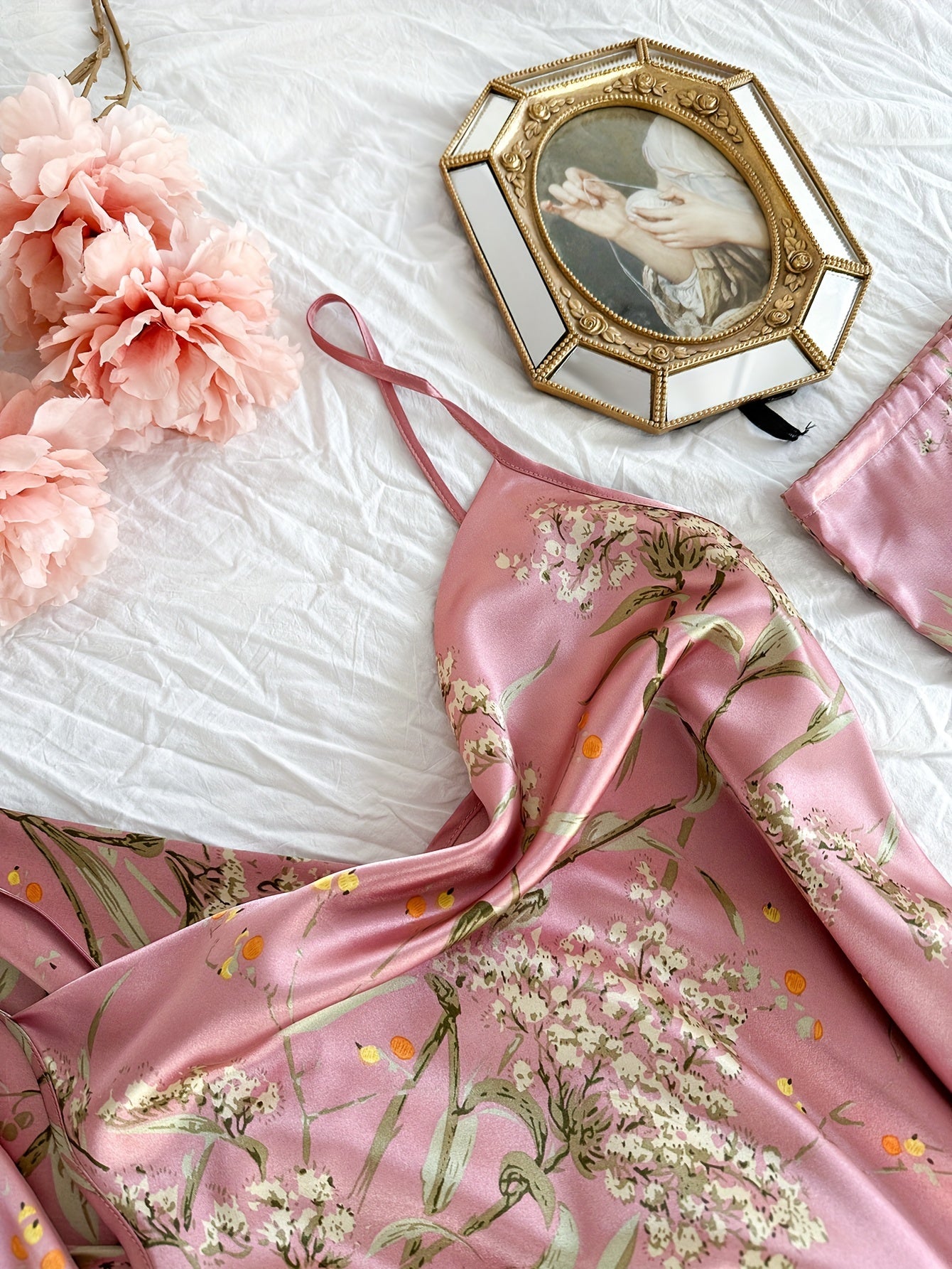 Autumn Winter Women's Printed Pajamas - Thin Sleepwear Set with Suspender Shorts & Skirt, Little Cherry Design