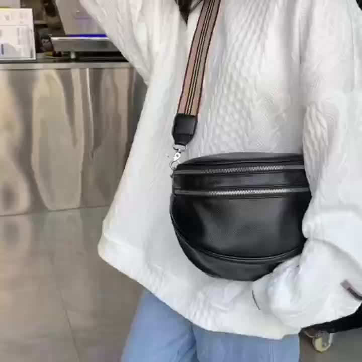 Women's Black Synthetic Leather Crossbody Bag - Adjustable Striped Strap, Zipper Closure, Large Capacity, Polyester Lining, Versatile Solid Color Design