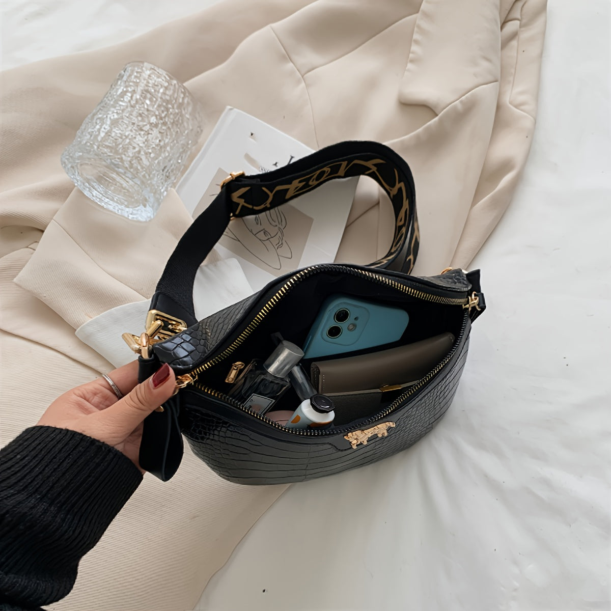 Crocodile Embossed Faux Leather Waist Bag