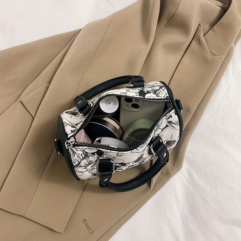 Gothic Skull Print Boston Bag, Punk Y2K Crossbody Bag, Women's Trendy Handbag & Shoulder Tote Purse For Halloween