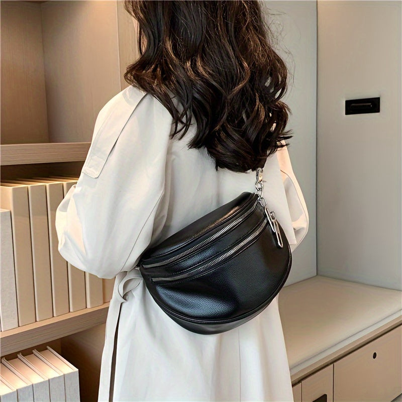 Women's Black Synthetic Leather Crossbody Bag - Adjustable Striped Strap, Zipper Closure, Large Capacity, Polyester Lining, Versatile Solid Color Design