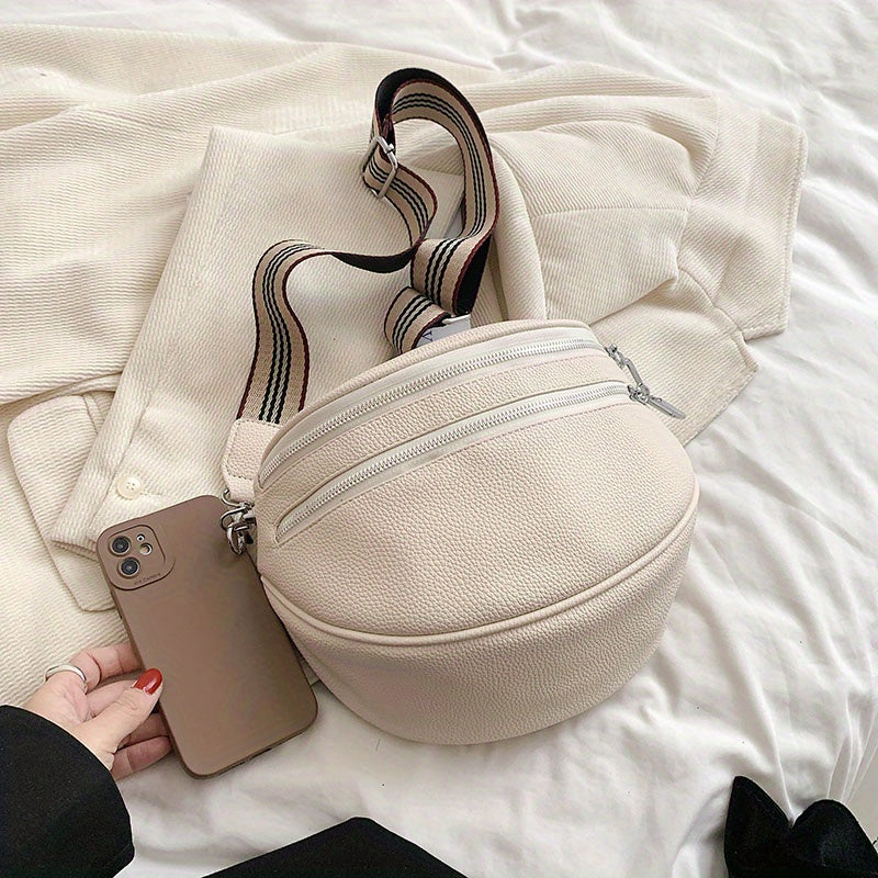 Women's Black Synthetic Leather Crossbody Bag - Adjustable Striped Strap, Zipper Closure, Large Capacity, Polyester Lining, Versatile Solid Color Design