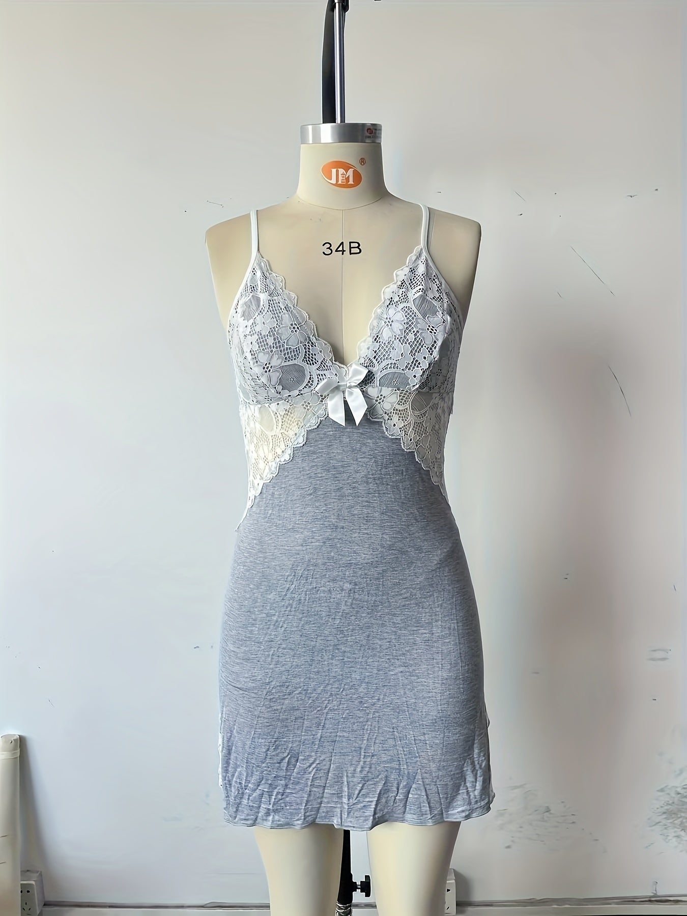 Women'S Elegant Lace Trim V-Neck Bathrobe - Navy Blue Geometric Pattern Open Front Sleepshirt, Soft Breathable Fabric for Spring/Fall, Cozy Loungewear & Spa-Style Comfort, Ladies Bathrobe, Comfortable Loungewear, Sophisticate