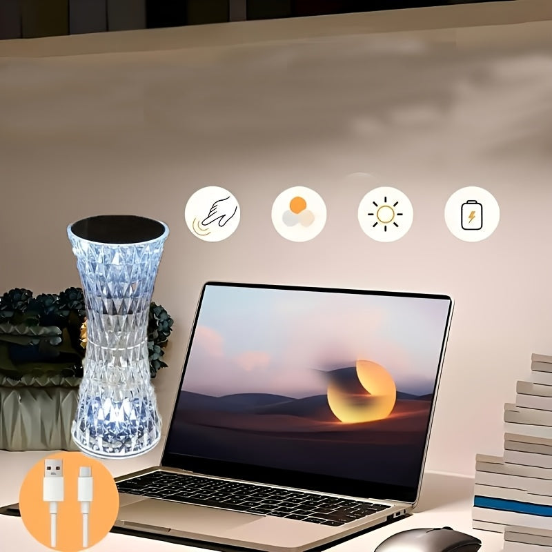 [Touch Control] Elegant Crystal Touch Control Bedside Lamp | USB Rechargeable, Dimmable LED Lights | Acrylic Base | Ideal for Indoor Use, Bedroom or Living Room Decor