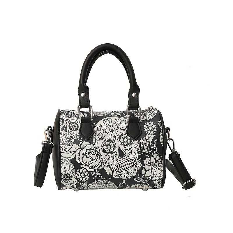 Gothic Skull Print Boston Bag, Punk Y2K Crossbody Bag, Women's Trendy Handbag & Shoulder Tote Purse For Halloween