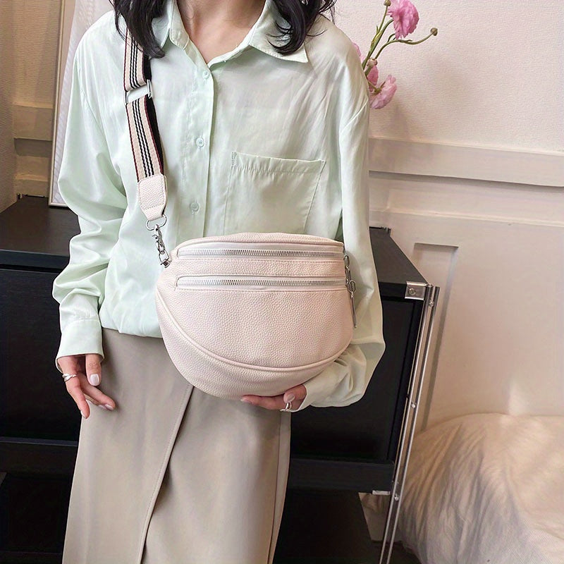 Women's Black Synthetic Leather Crossbody Bag - Adjustable Striped Strap, Zipper Closure, Large Capacity, Polyester Lining, Versatile Solid Color Design