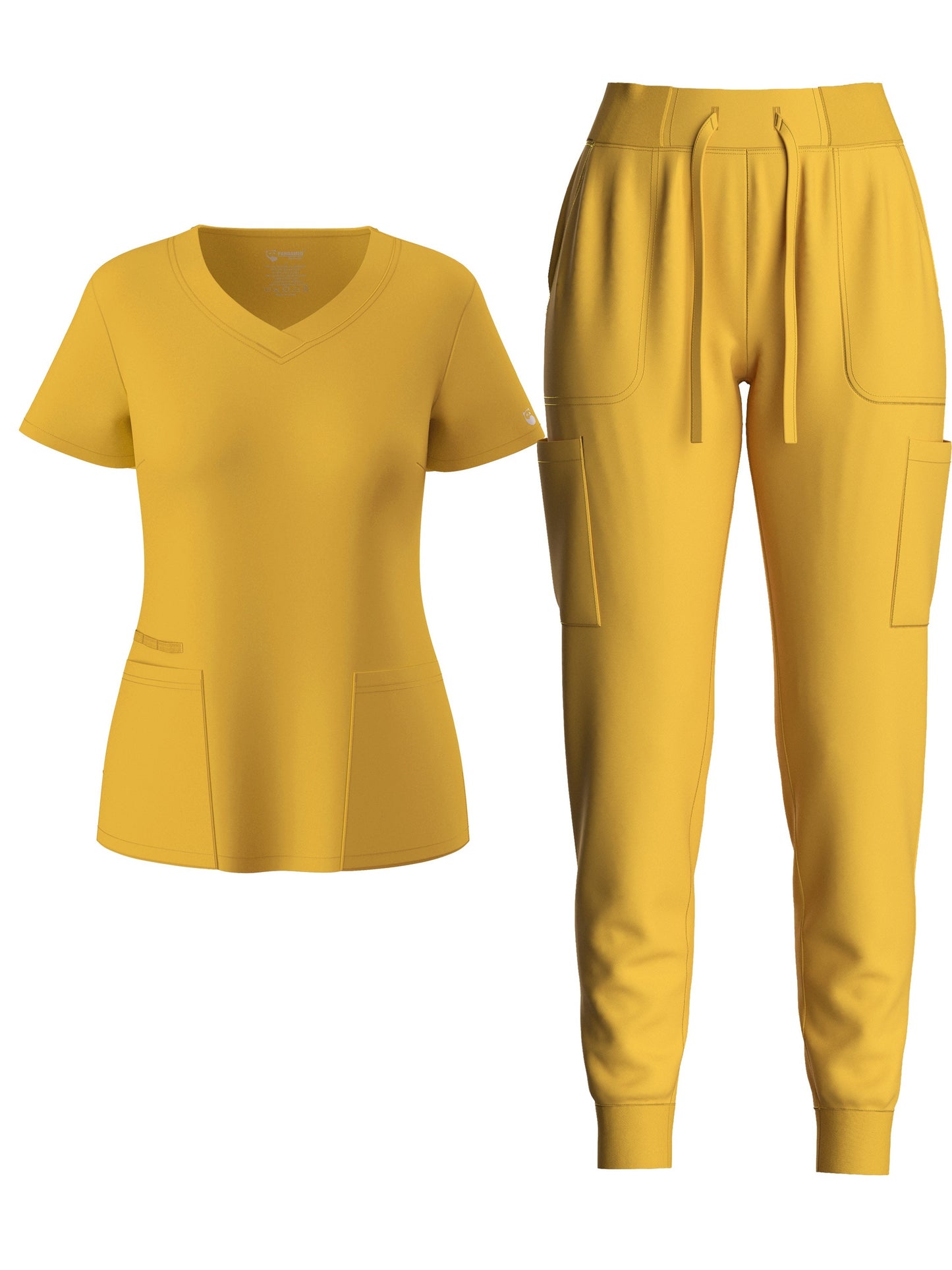 Solid Two-piece Set, Elegant Short Sleeve V Neck Scrub Top & Drawstring Pants Outfits, Women's Clothing