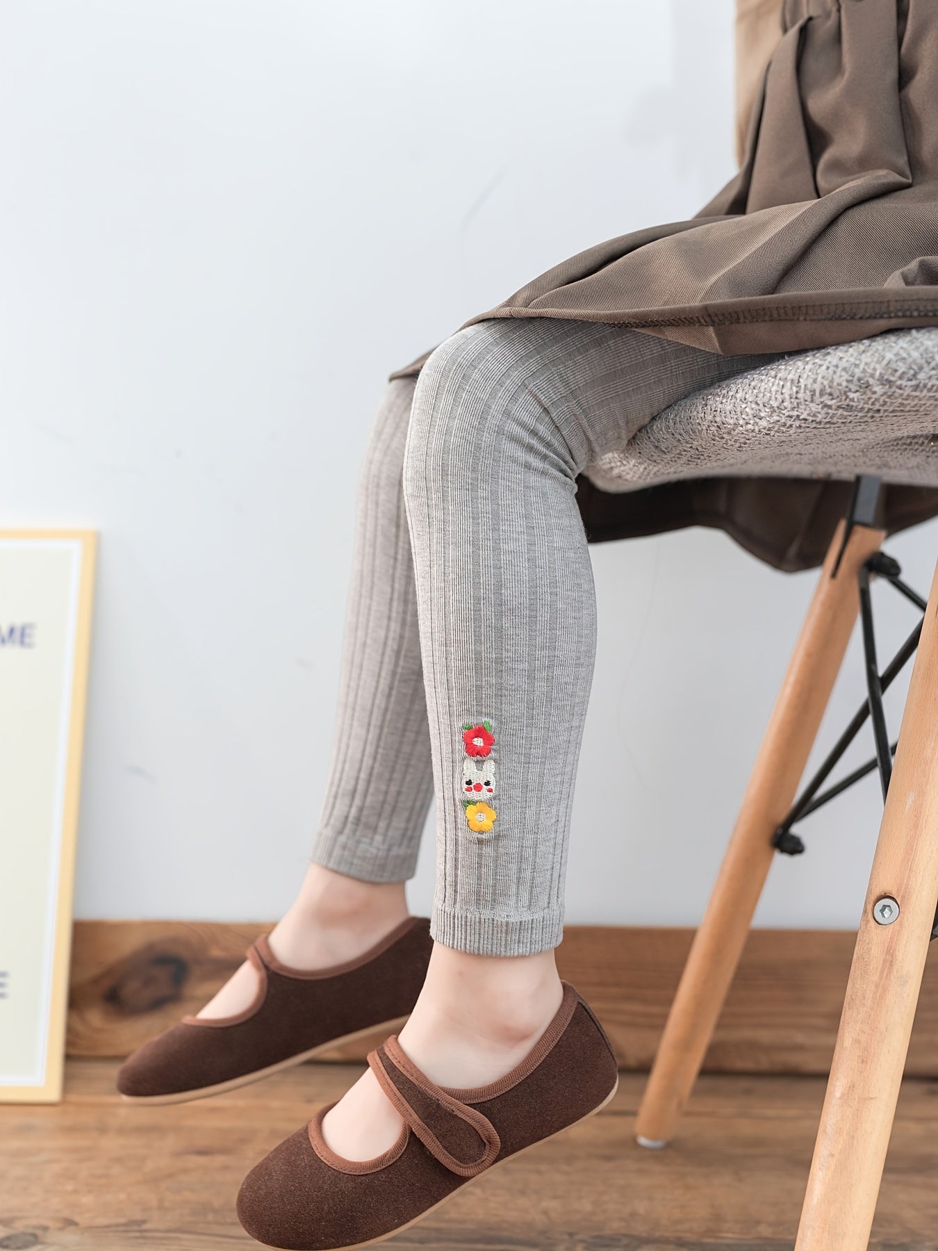 Kids' Base Pants, Girls' Spring/Autumn Vertical Stripe Slim Fit Knit Socks Embroidered Casual 9/10 Pants