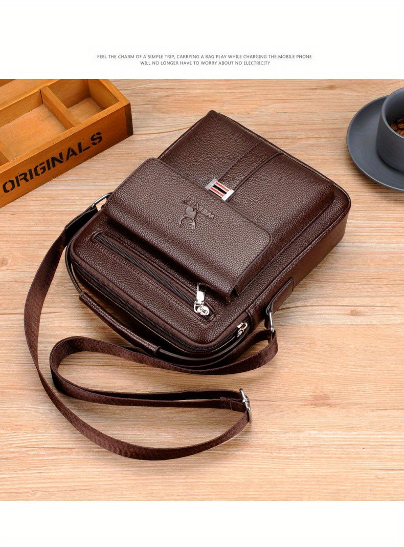 [Vintage Business Bag] WEIXIER Men's Vintage Business Casual Adjustable Shoulder Bag - Multiple Compartments, Zippered Pockets, Compact Design, Black, Secure Zip Closure, Small Crossbody Bag