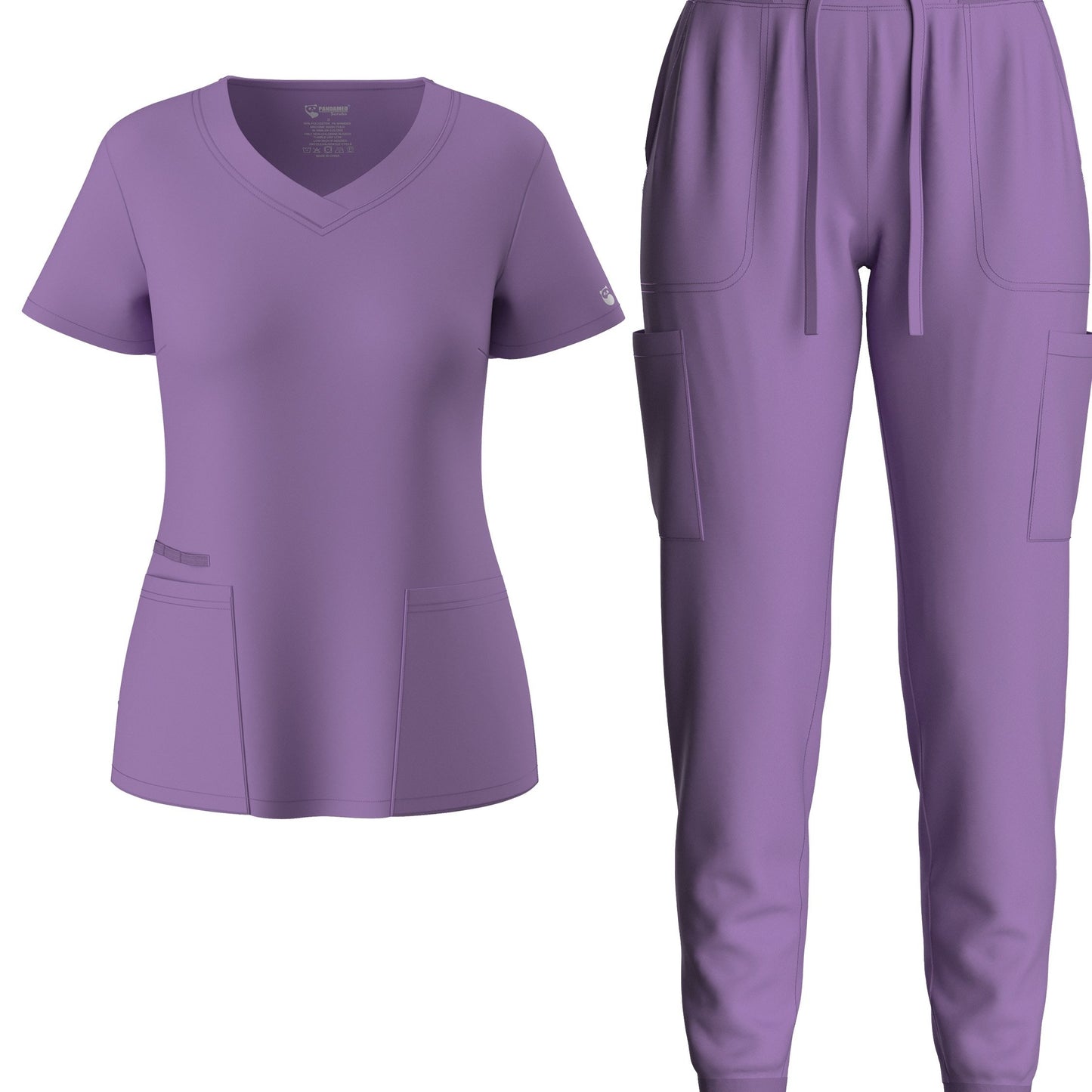 Solid Two-piece Set, Elegant Short Sleeve V Neck Scrub Top & Drawstring Pants Outfits, Women's Clothing