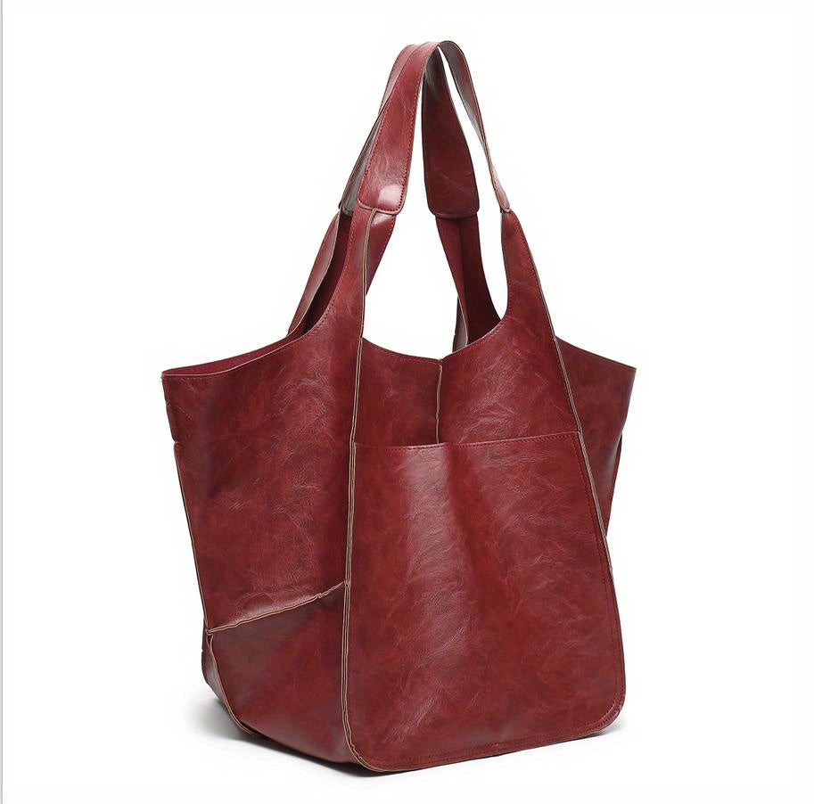Large Capacity Retro PU Tote Bag For Women - Spacious & Stylish Handbag With Handy Front Pocket For Work, Travel & Everyday Chic