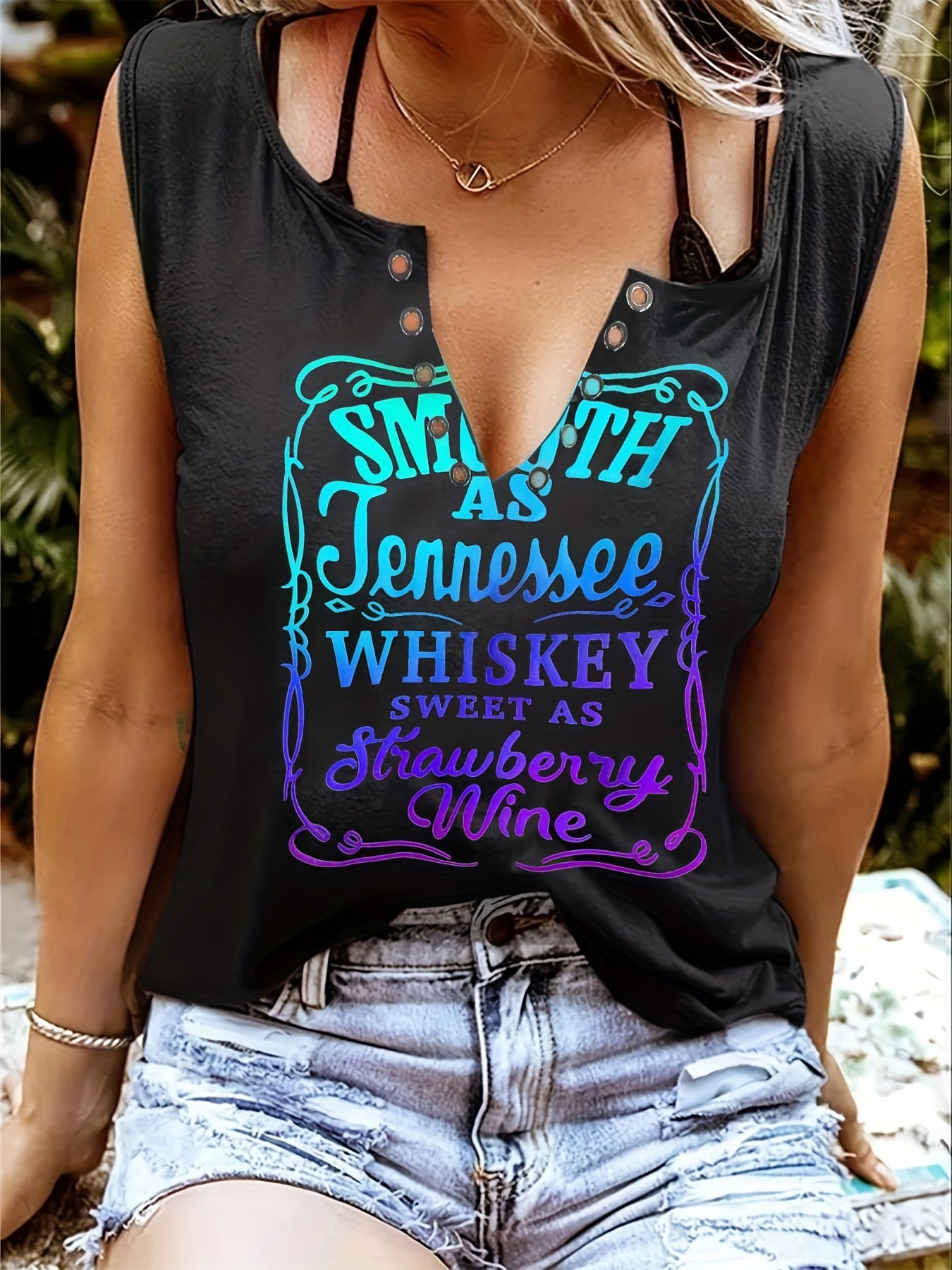 [Country Music Tank Top] Soft Pink Women's Tank Top | Smooth As Tennessee Whiskey Sweet As Strawberry Wine Sleeveless V-Neck Casual Shirt with Bold Letter Print, Thick Strap Country Music Style, Machine Washable All-Season We