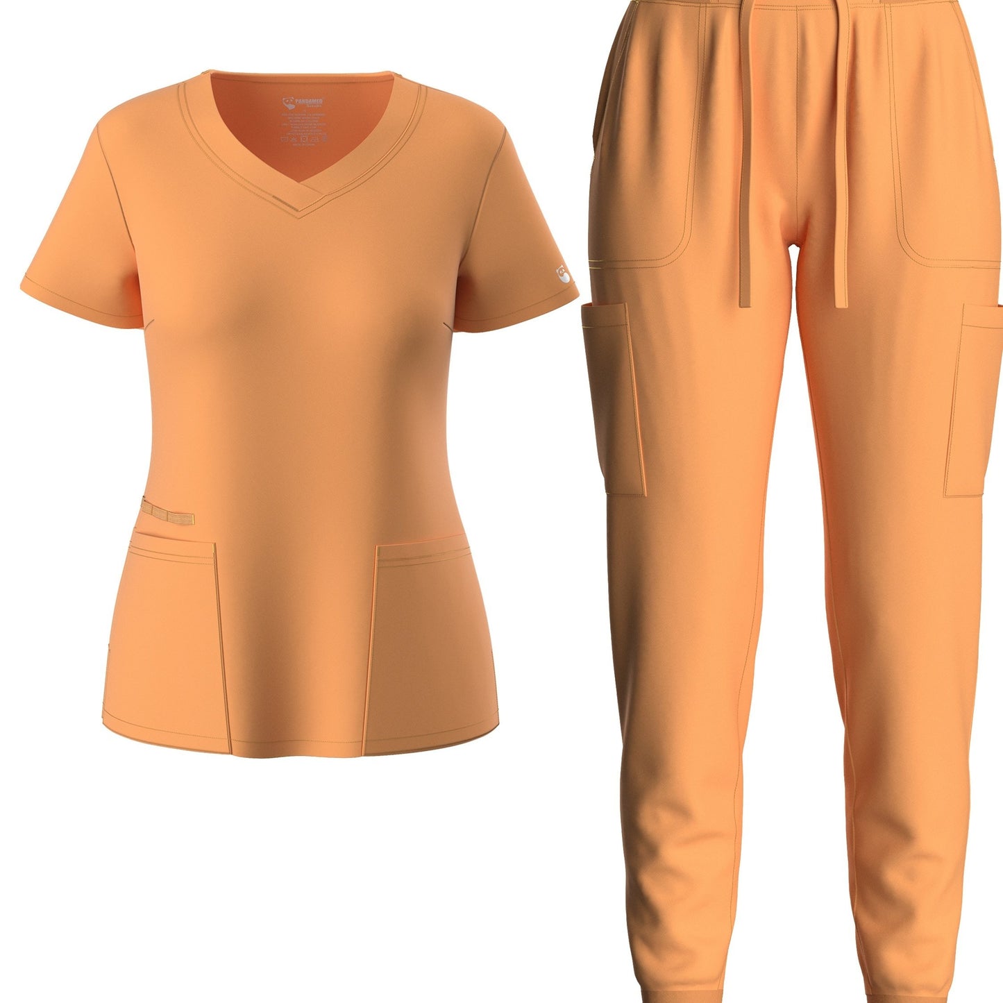 Solid Two-piece Set, Elegant Short Sleeve V Neck Scrub Top & Drawstring Pants Outfits, Women's Clothing
