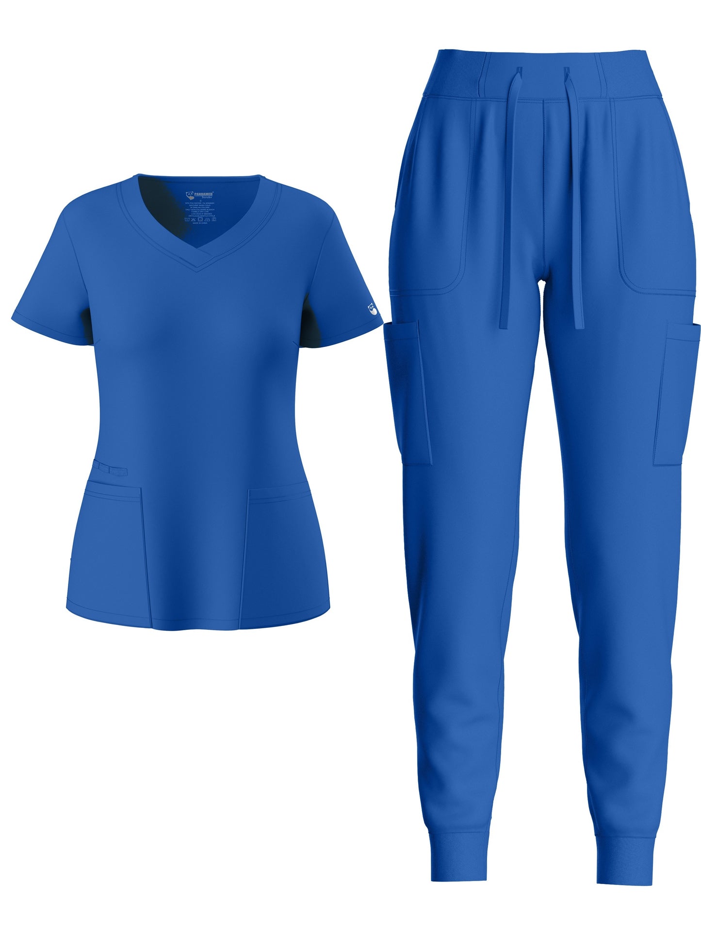 Solid Two-piece Set, Elegant Short Sleeve V Neck Scrub Top & Drawstring Pants Outfits, Women's Clothing