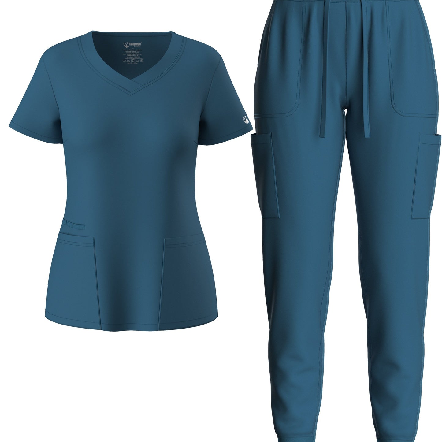 Solid Two-piece Set, Elegant Short Sleeve V Neck Scrub Top & Drawstring Pants Outfits, Women's Clothing