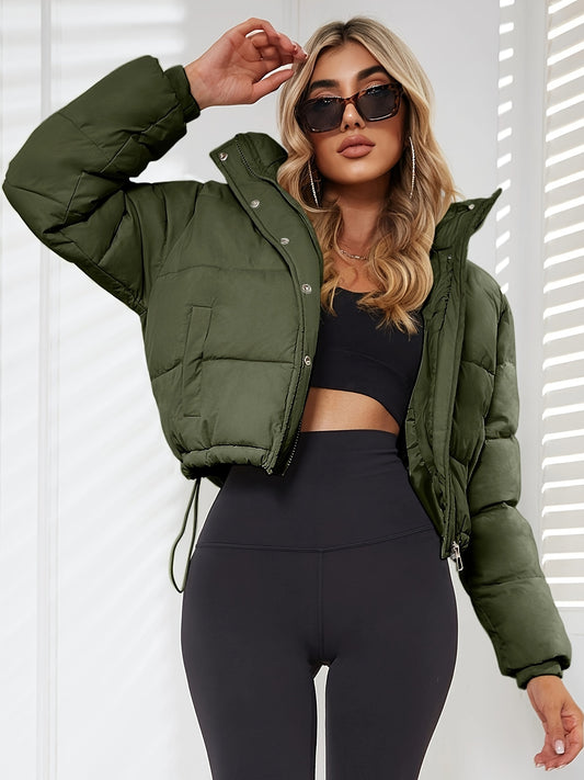 [Winter|Jacket] Stylish Black Women's Hooded Puffer Jacket | Casual Short Warm Outerwear | with Drawstring Design, Long Sleeves, and Button-Up Front for Winter Comfort