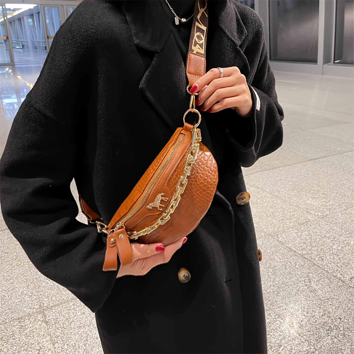 Crocodile Embossed Faux Leather Waist Bag