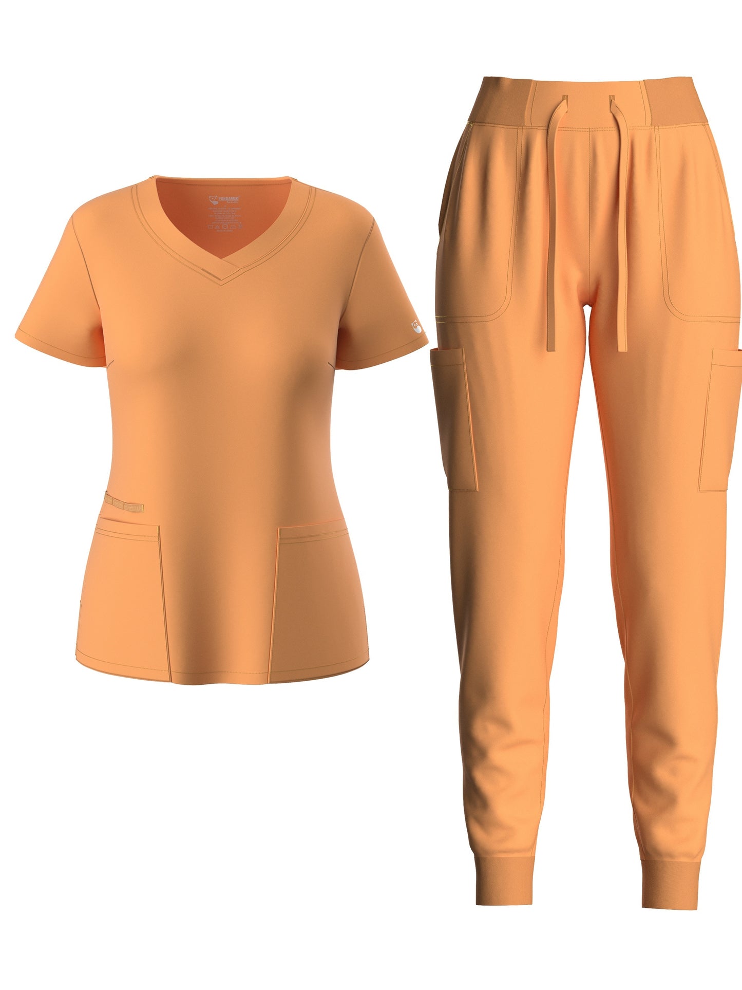 Solid Two-piece Set, Elegant Short Sleeve V Neck Scrub Top & Drawstring Pants Outfits, Women's Clothing