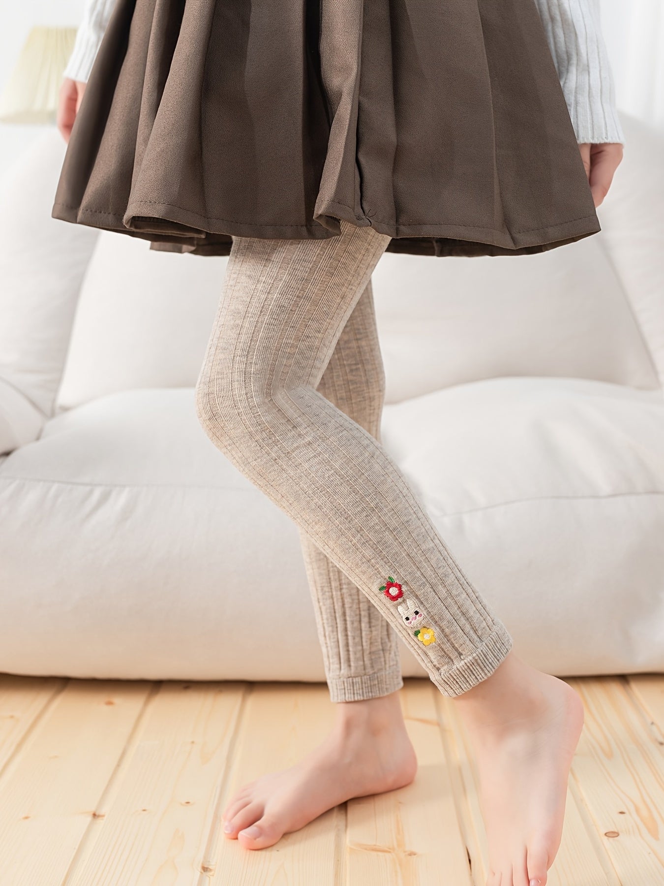 Kids' Base Pants, Girls' Spring/Autumn Vertical Stripe Slim Fit Knit Socks Embroidered Casual 9/10 Pants