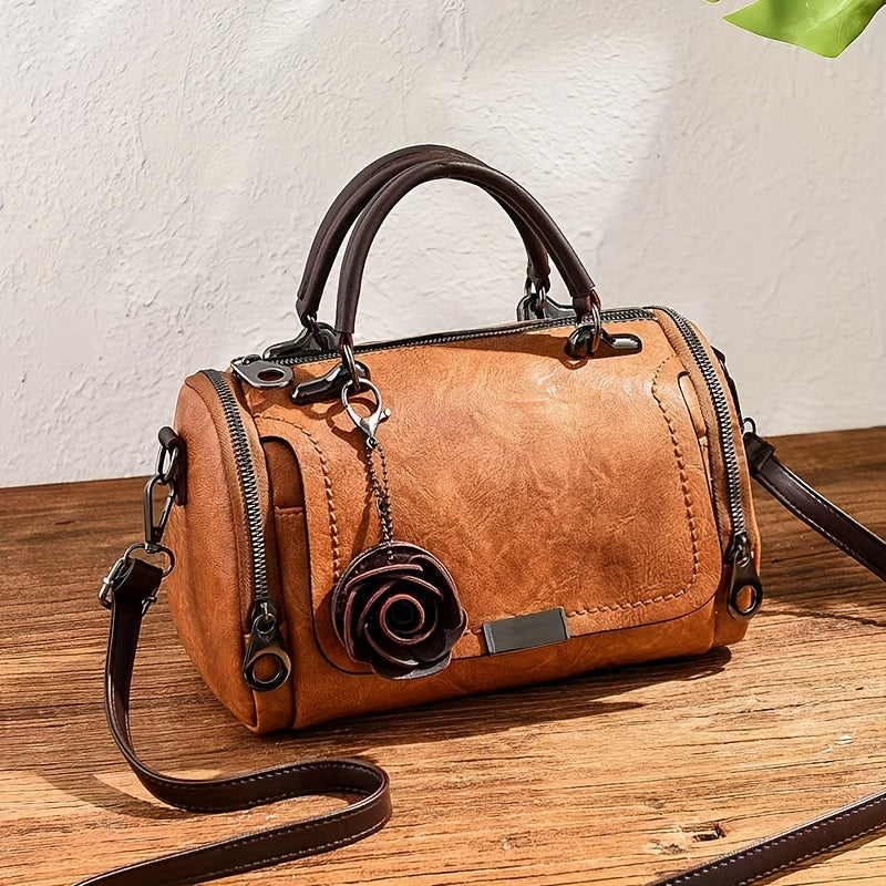 Timeless Vintage Leather Boston Bag - Stylish Crossbody with Retro Zipper Detail - Spacious & Durable Purse for Women
