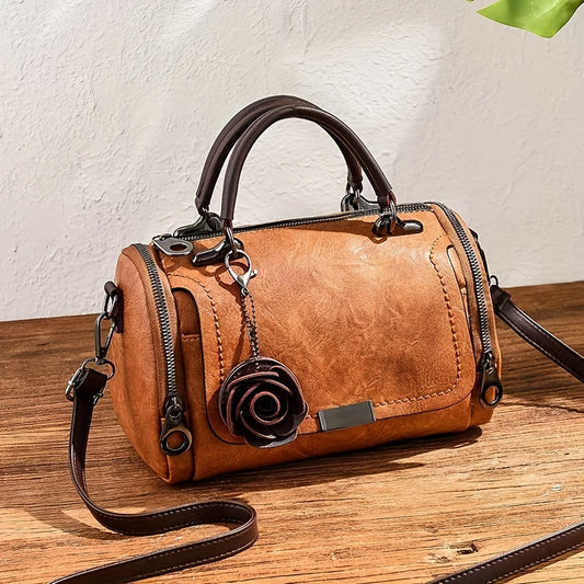 Timeless Vintage Leather Boston Bag - Stylish Crossbody with Retro Zipper Detail - Spacious & Durable Purse for Women