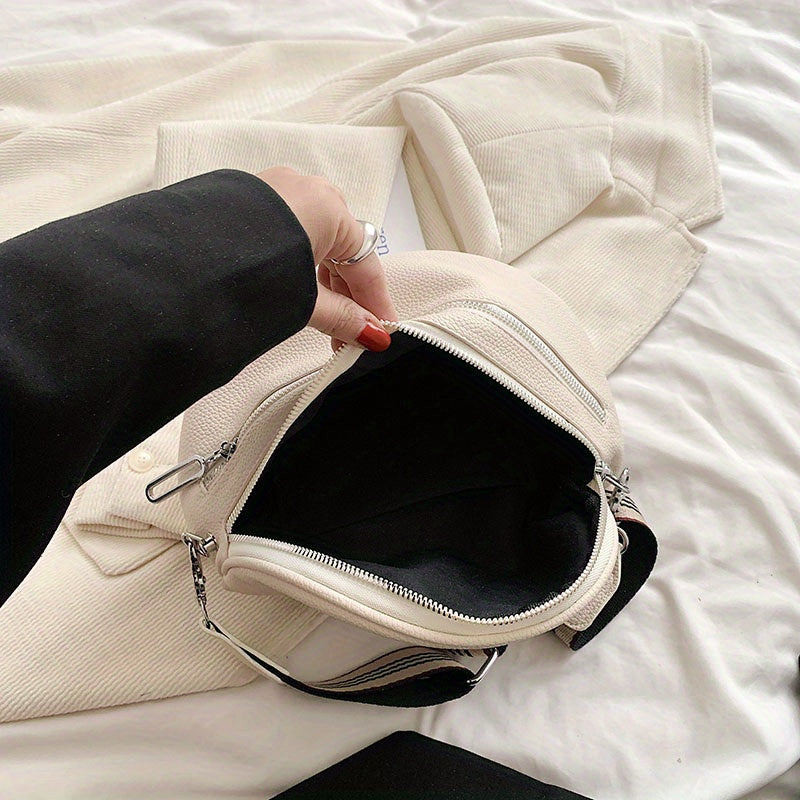 Women's Black Synthetic Leather Crossbody Bag - Adjustable Striped Strap, Zipper Closure, Large Capacity, Polyester Lining, Versatile Solid Color Design