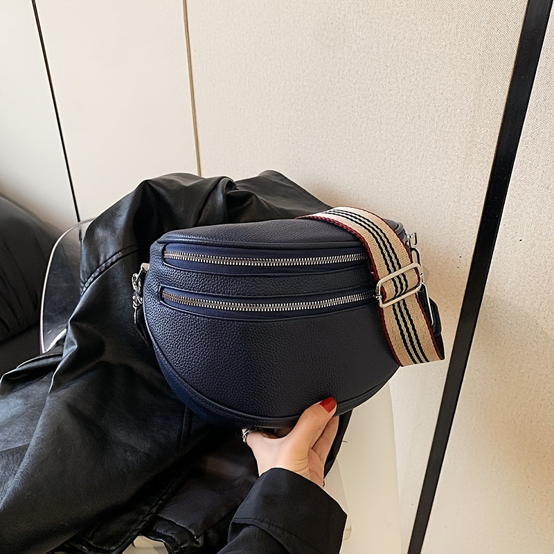 Women's Black Synthetic Leather Crossbody Bag - Adjustable Striped Strap, Zipper Closure, Large Capacity, Polyester Lining, Versatile Solid Color Design