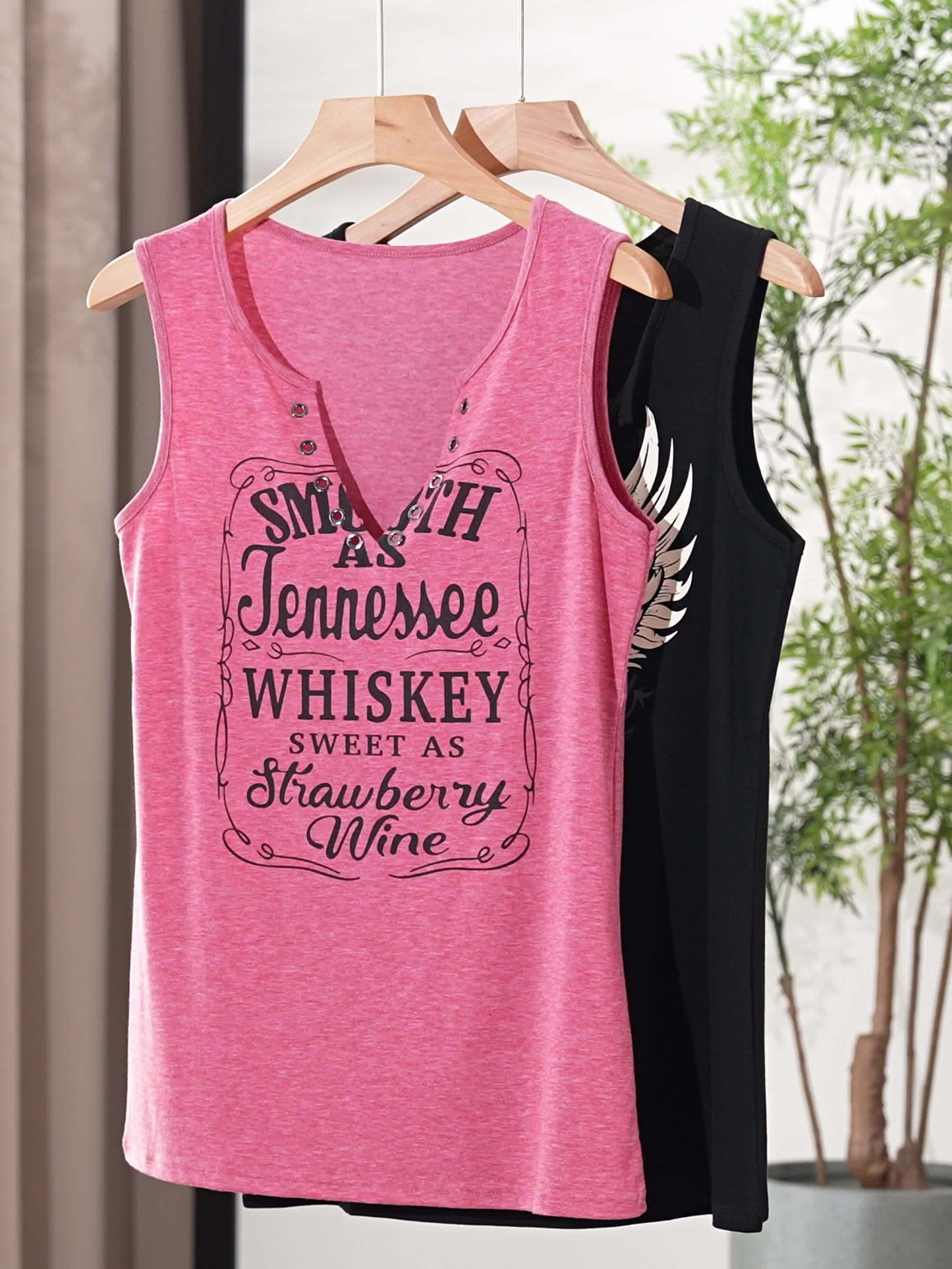 [Country Music Tank Top] Soft Pink Women's Tank Top | Smooth As Tennessee Whiskey Sweet As Strawberry Wine Sleeveless V-Neck Casual Shirt with Bold Letter Print, Thick Strap Country Music Style, Machine Washable All-Season We