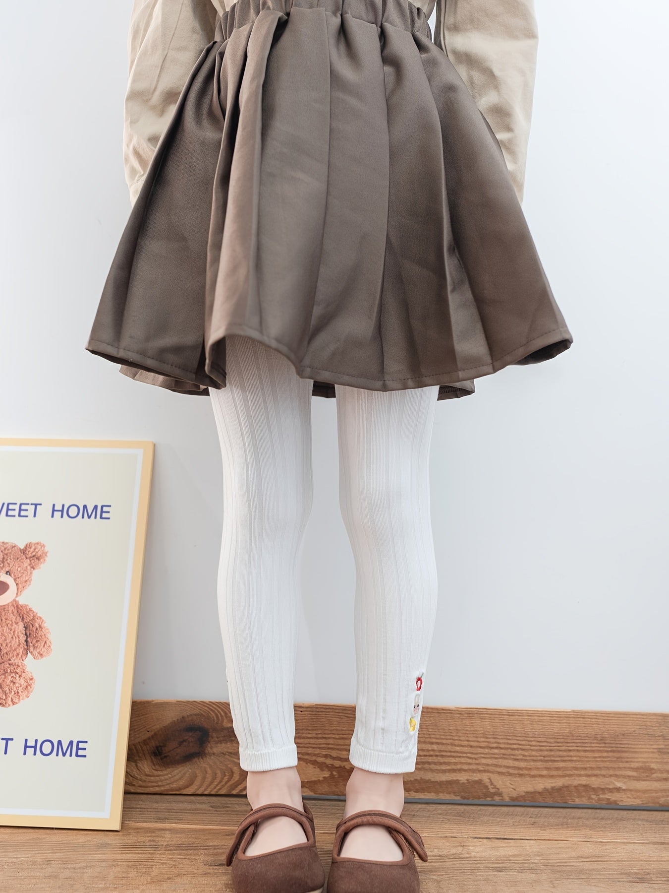 Kids' Base Pants, Girls' Spring/Autumn Vertical Stripe Slim Fit Knit Socks Embroidered Casual 9/10 Pants