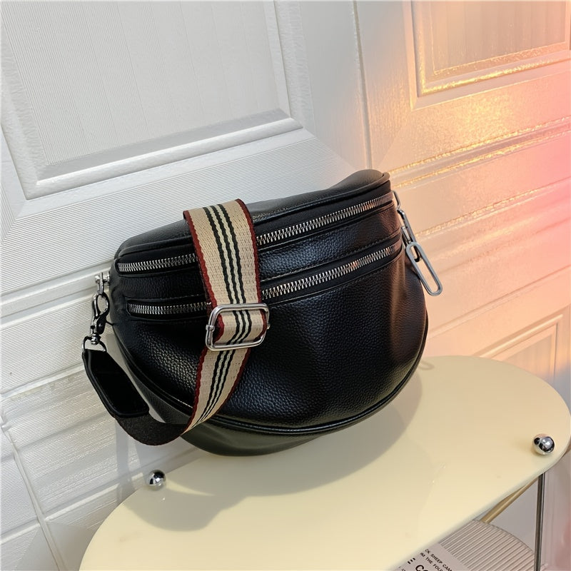 Women's Black Synthetic Leather Crossbody Bag - Adjustable Striped Strap, Zipper Closure, Large Capacity, Polyester Lining, Versatile Solid Color Design