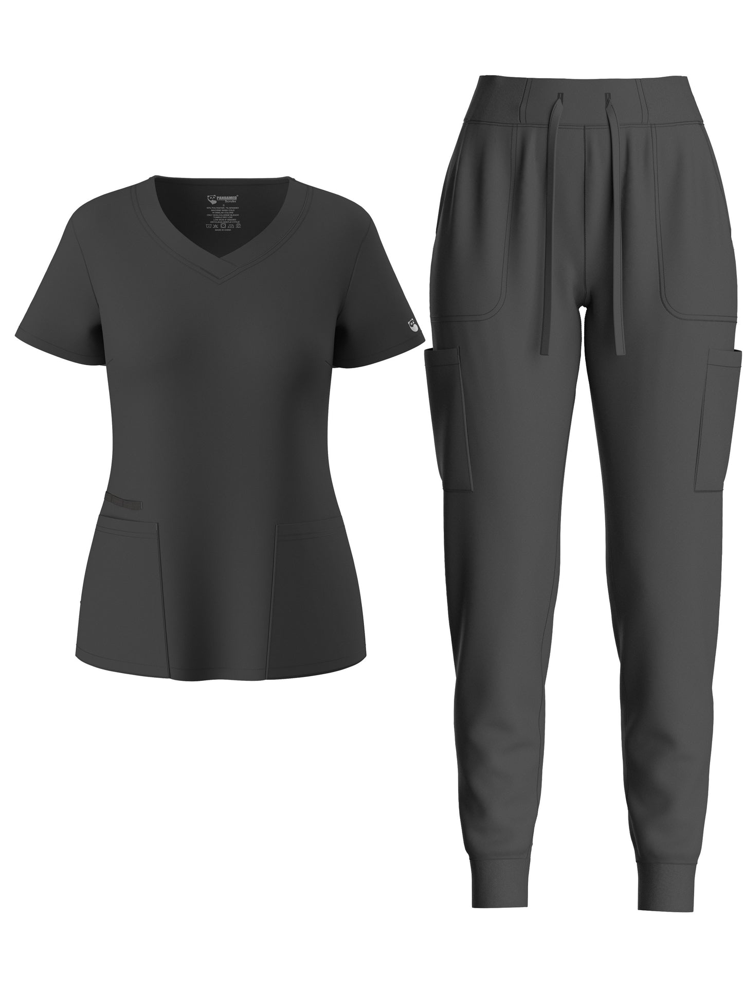 Solid Two-piece Set, Elegant Short Sleeve V Neck Scrub Top & Drawstring Pants Outfits, Women's Clothing