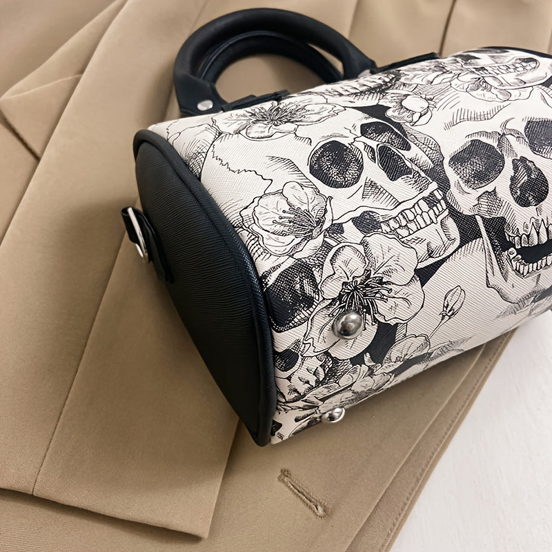 Gothic Skull Print Boston Bag, Punk Y2K Crossbody Bag, Women's Trendy Handbag & Shoulder Tote Purse For Halloween
