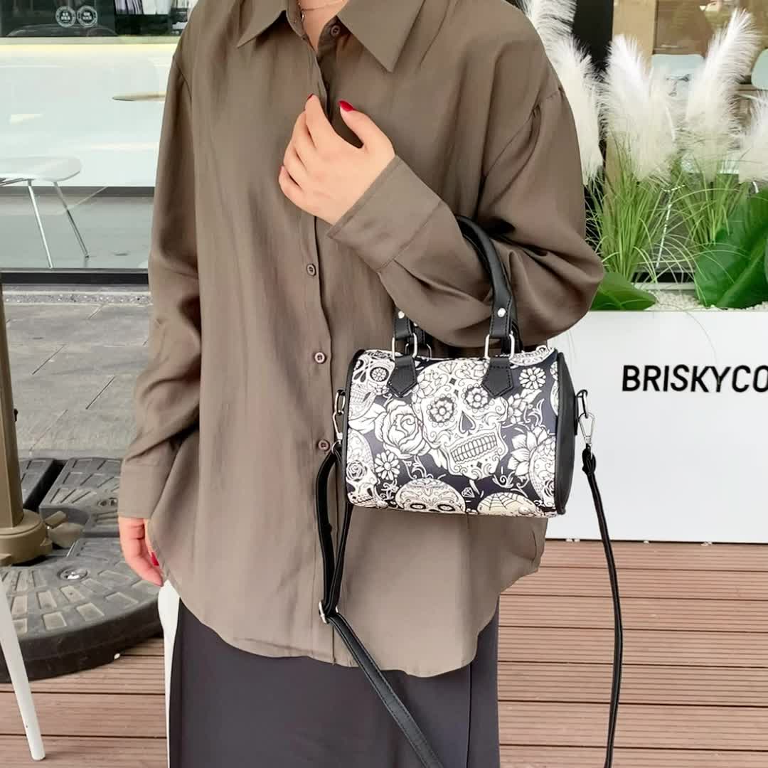 Gothic Skull Print Boston Bag, Punk Y2K Crossbody Bag, Women's Trendy Handbag & Shoulder Tote Purse For Halloween