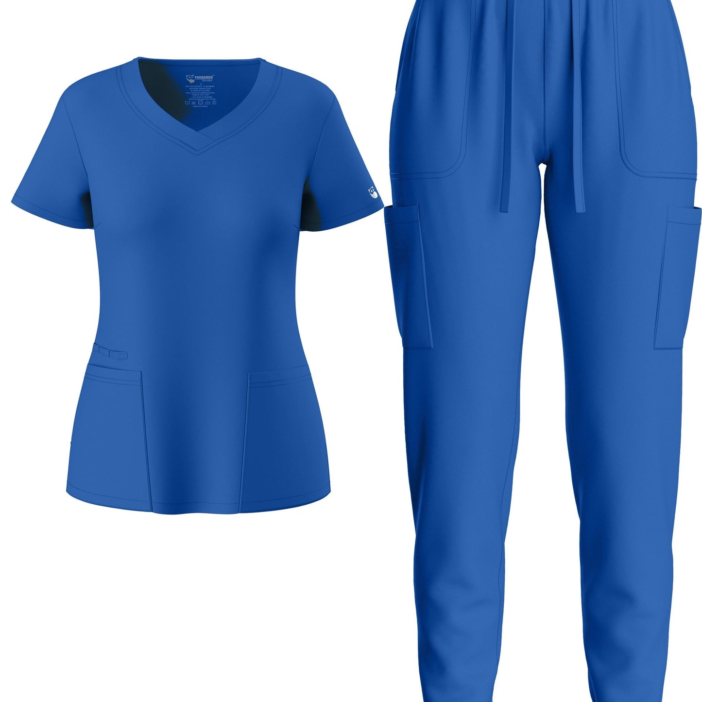 Solid Two-piece Set, Elegant Short Sleeve V Neck Scrub Top & Drawstring Pants Outfits, Women's Clothing