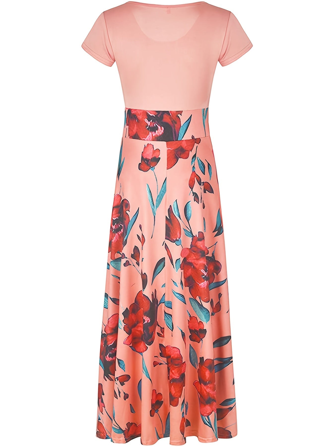 Printed Splicing Crew Neck Dress, Elegant Short Sleeve Slim Waist Pleated Maxi Dress, Women's Clothing For Elegant Dressing