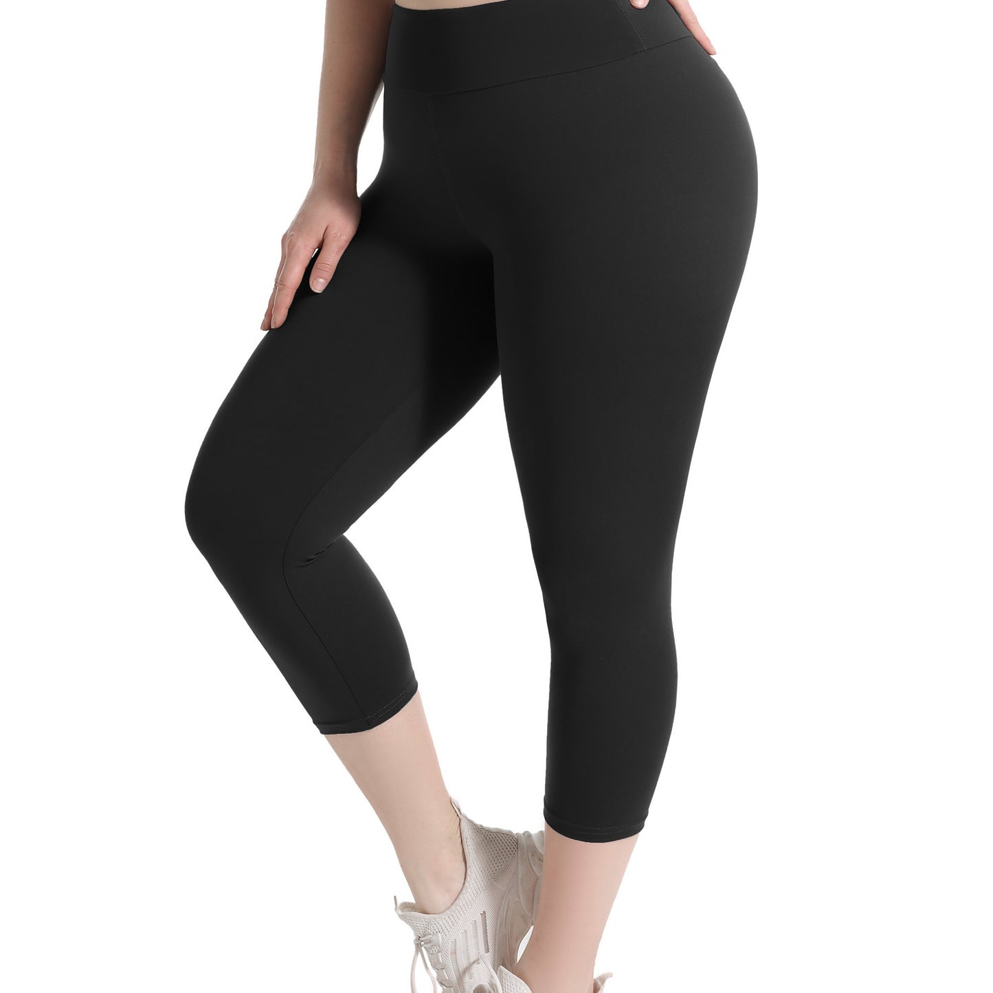 Women'S Plus Size Capri Leggings, High Waist Tummy Control, 4X Stretch, Pocket Detail, Solid Black, Knit Fabric, Polyester 92%, Spandex 8%, 210g/m², All Season Skinny Yoga Pants