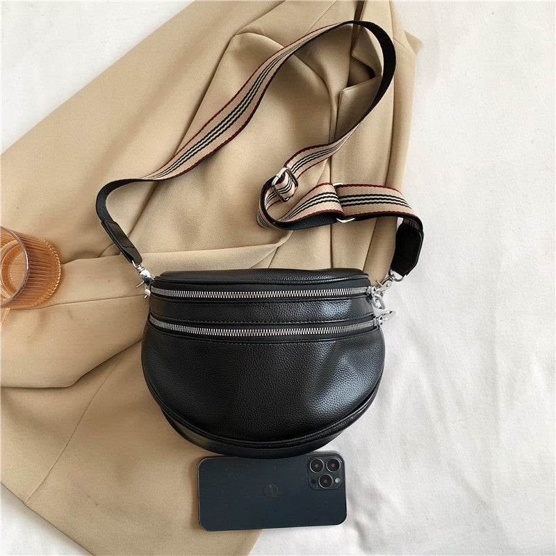 Women's Black Synthetic Leather Crossbody Bag - Adjustable Striped Strap, Zipper Closure, Large Capacity, Polyester Lining, Versatile Solid Color Design