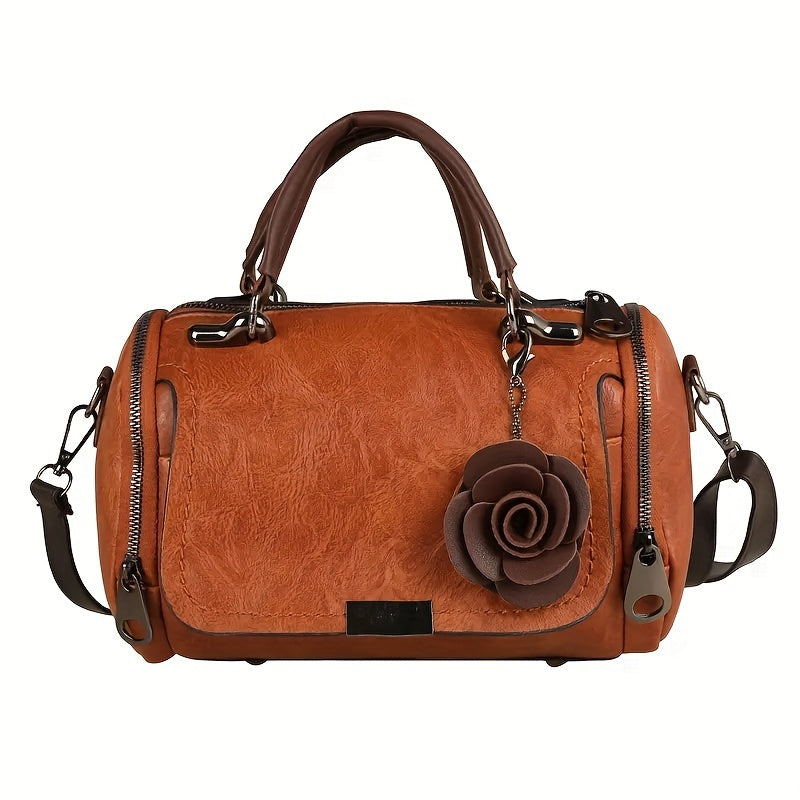 Timeless Vintage Leather Boston Bag - Stylish Crossbody with Retro Zipper Detail - Spacious & Durable Purse for Women