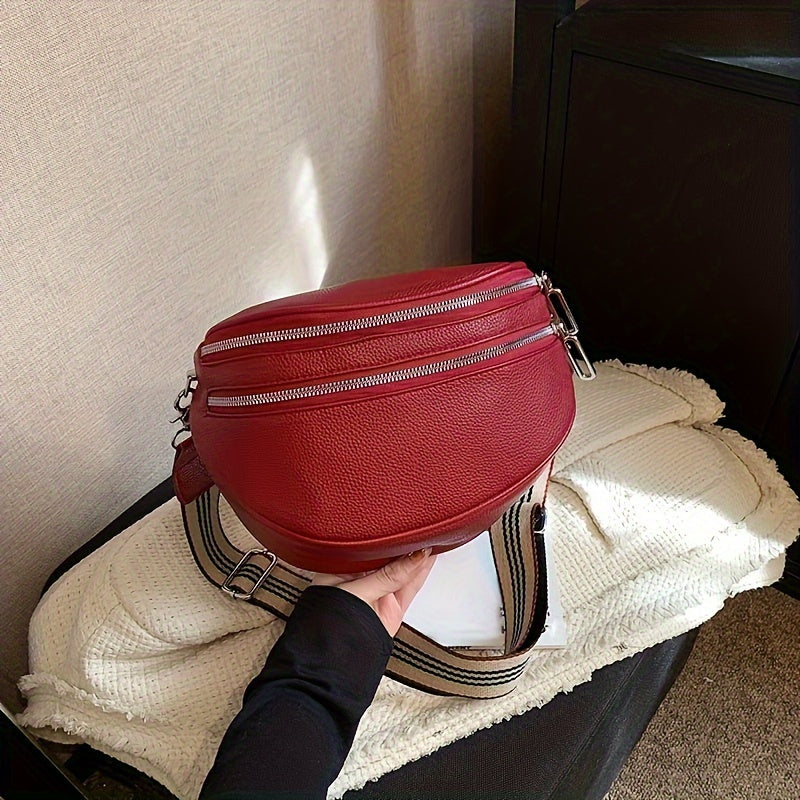 Women's Black Synthetic Leather Crossbody Bag - Adjustable Striped Strap, Zipper Closure, Large Capacity, Polyester Lining, Versatile Solid Color Design