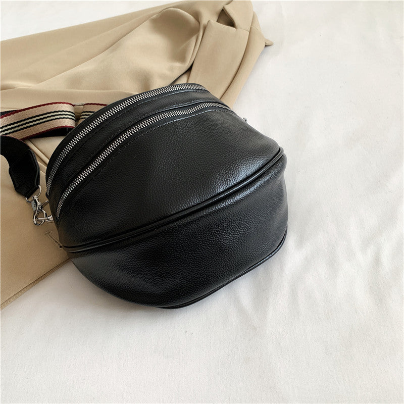 Women's Black Synthetic Leather Crossbody Bag - Adjustable Striped Strap, Zipper Closure, Large Capacity, Polyester Lining, Versatile Solid Color Design