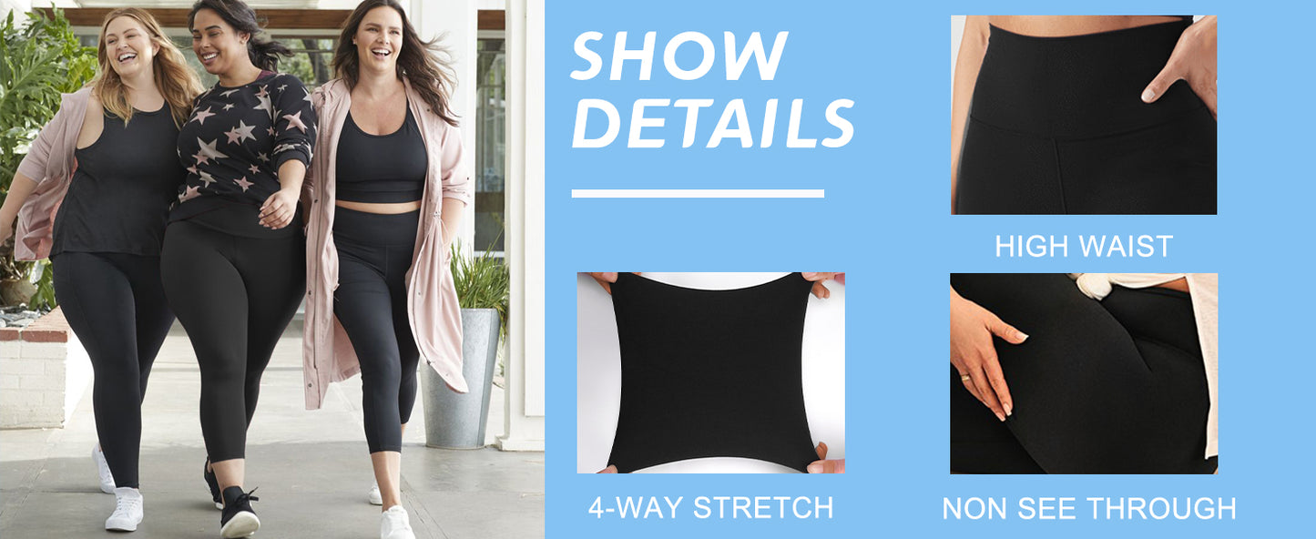 Women'S Plus Size Capri Leggings, High Waist Tummy Control, 4X Stretch, Pocket Detail, Solid Black, Knit Fabric, Polyester 92%, Spandex 8%, 210g/m², All Season Skinny Yoga Pants