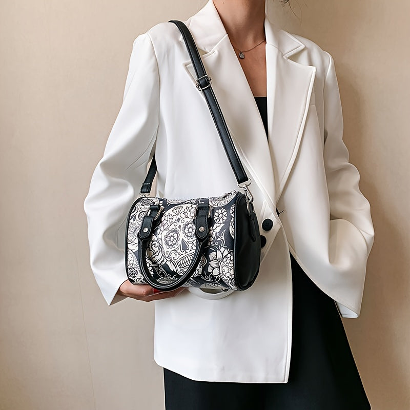 Gothic Skull Print Boston Bag, Punk Y2K Crossbody Bag, Women's Trendy Handbag & Shoulder Tote Purse For Halloween