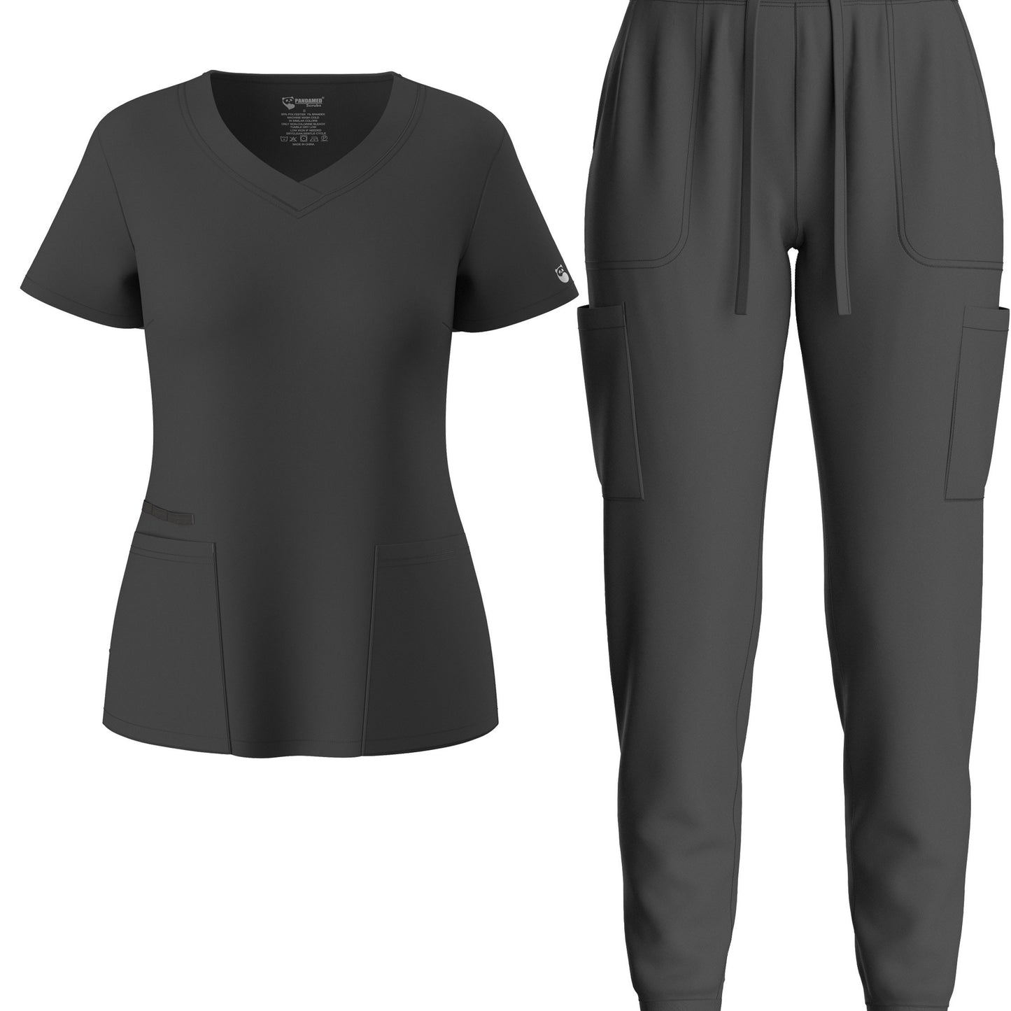 Solid Two-piece Set, Elegant Short Sleeve V Neck Scrub Top & Drawstring Pants Outfits, Women's Clothing