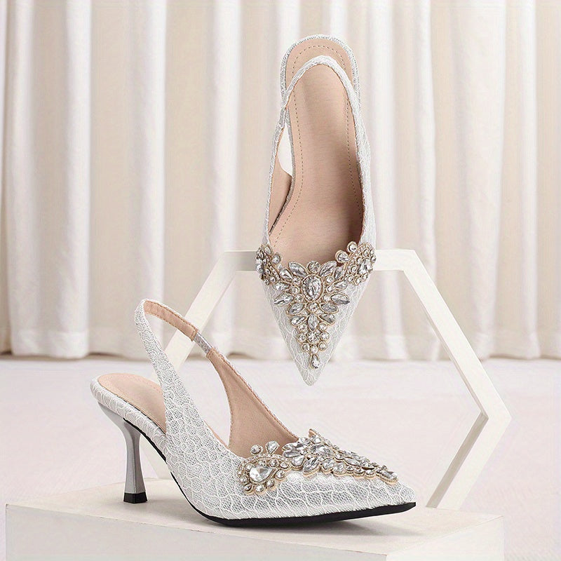 Women'S Rhinestone-Embellished Pointed-Toe Stiletto Heel Pumps - Glamorous Striped Fabric Upper with Adjustable Ankle Straps & Sparkling Embellishments, PU Sole for Spring Formal Events, High Heel Shoes, Formal Footwear, Glam