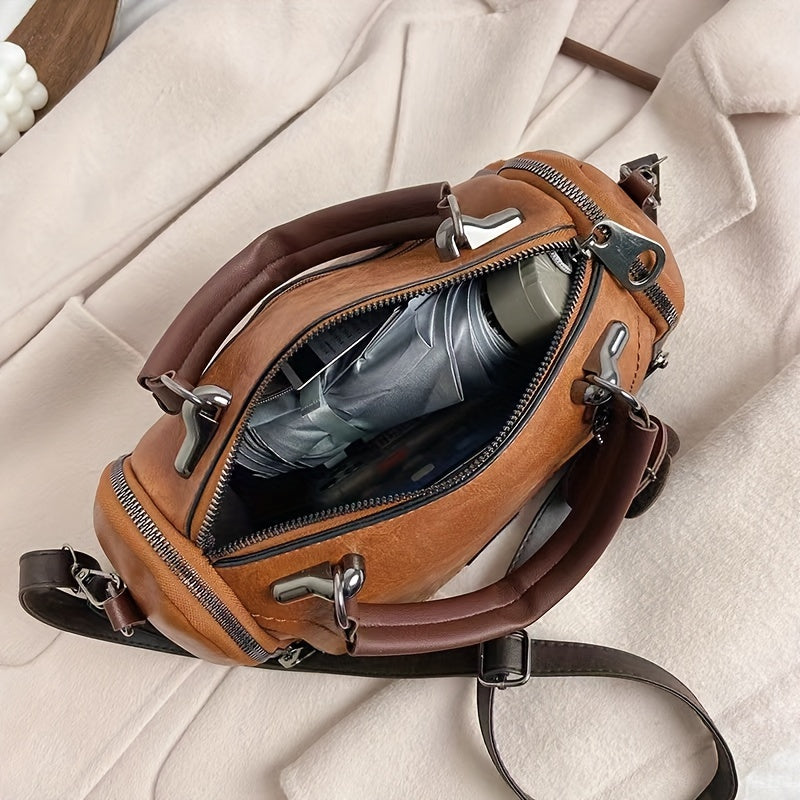 Timeless Vintage Leather Boston Bag - Stylish Crossbody with Retro Zipper Detail - Spacious & Durable Purse for Women