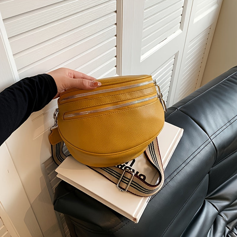 Women's Black Synthetic Leather Crossbody Bag - Adjustable Striped Strap, Zipper Closure, Large Capacity, Polyester Lining, Versatile Solid Color Design