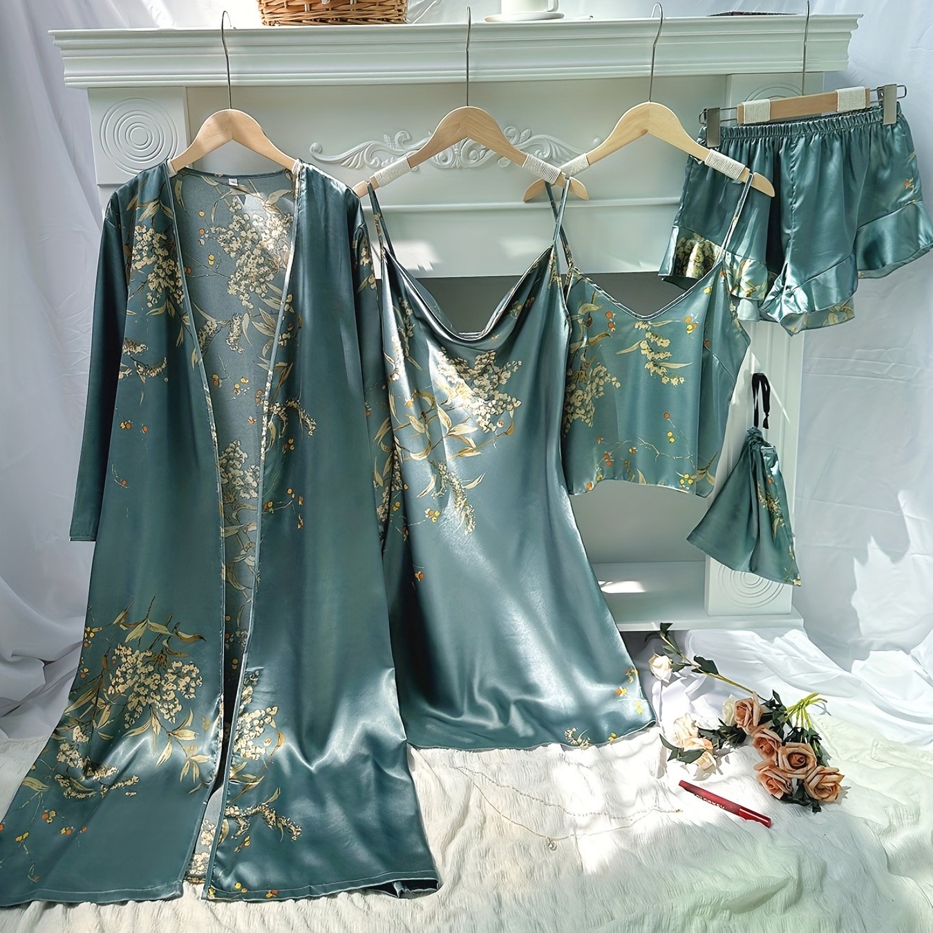 Autumn Winter Women's Printed Pajamas - Thin Sleepwear Set with Suspender Shorts & Skirt, Little Cherry Design