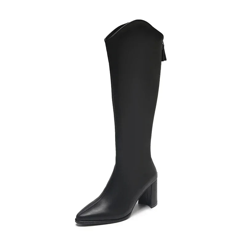 Plus Size Knee-High Boots with Zipper – Thick-Heel Vegan Leather Boots (Sizes 34–43)